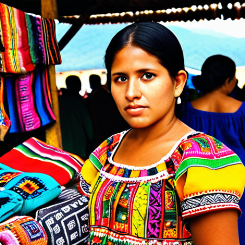 Home 4 **
A vibrant display of Guatemalan handicrafts at a Chichicastenango market stall. Focus on colorful "huipiles" (traditional women's blouses) with intricate Mayan designs, handmade bags, and beaded jewelry. Capture the bustling atmosphere of the market with blurred figures in the background.
**