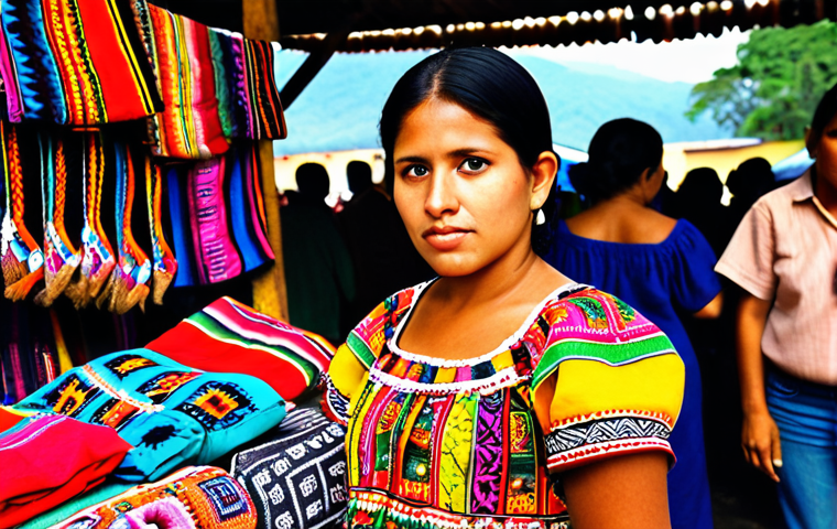 **

A vibrant display of Guatemalan handicrafts at a Chichicastenango market stall. Focus on colorful "huipiles" (traditional women's blouses) with intricate Mayan designs, handmade bags, and beaded jewelry. Capture the bustling atmosphere of the market with blurred figures in the background.

**